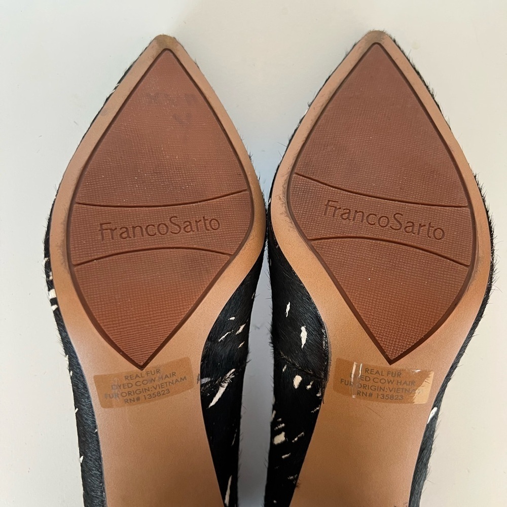 Franco Sarto Leather Cow Hair Black and White 3.35” Palma Pointy Toe Pump, 8M - Picture 7 of 10